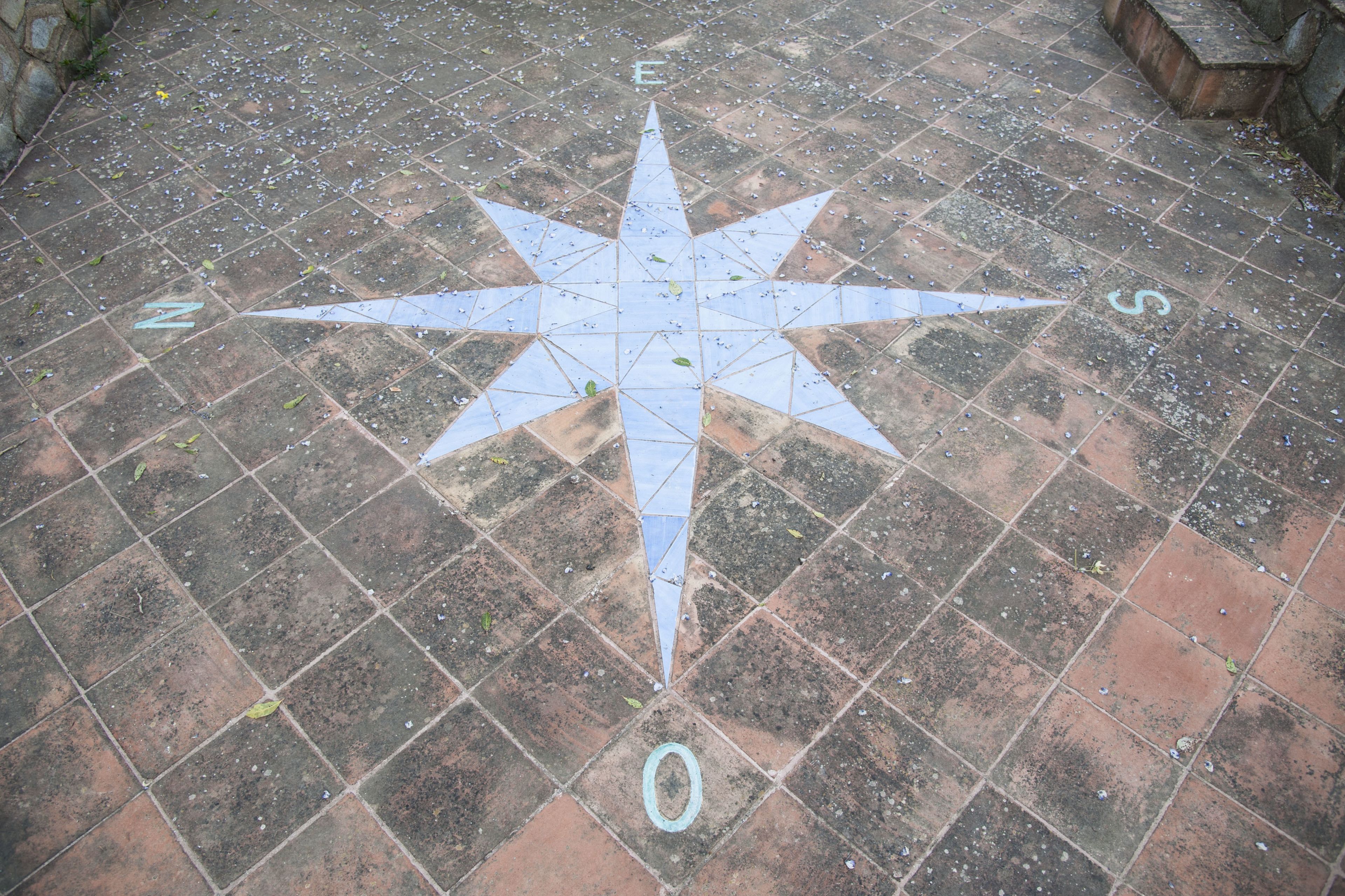 A star-shaped floor design with directional markers.