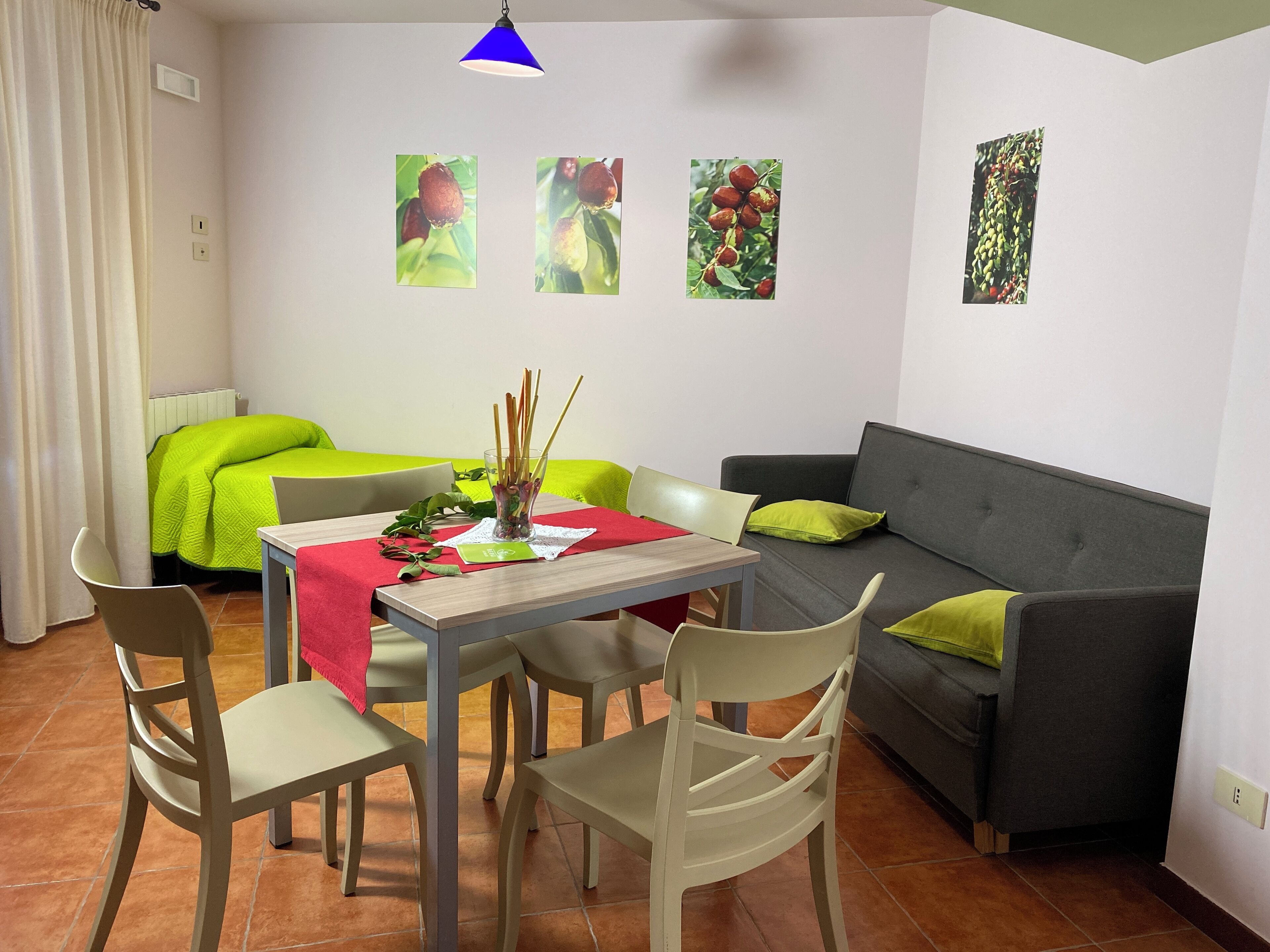 Une petite pièce moderne comprenant une table à manger, des chaises, un canapé gris et un chemin de table rouge. On y trouve également des tableaux représentant des fruits, accrochés au mur, ainsi qu’une lampe suspendue bleue.