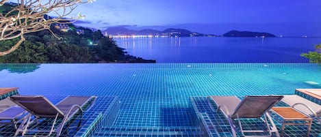 Outdoor pool, pool umbrellas, pool loungers
