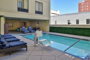 Outdoor pool, open 8:00 AM to 8:00 PM, sun loungers