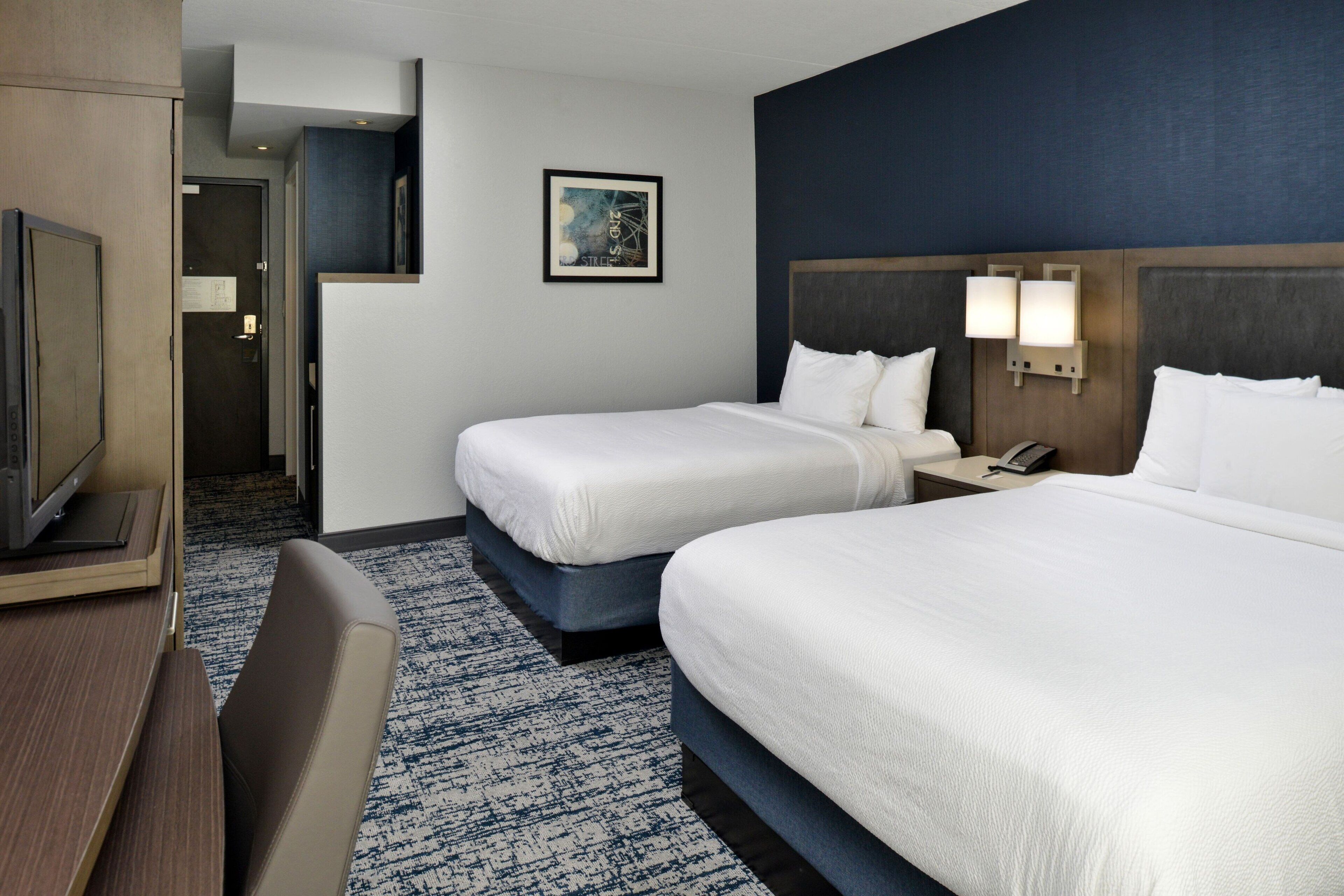 queen/queen | desk, laptop workspace, blackout curtains, iron/ironing board