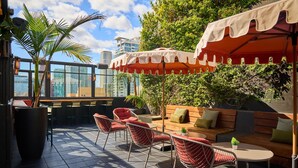A rooftop patio with outdoor seating, a large potted plant, and a view of the city skyline.