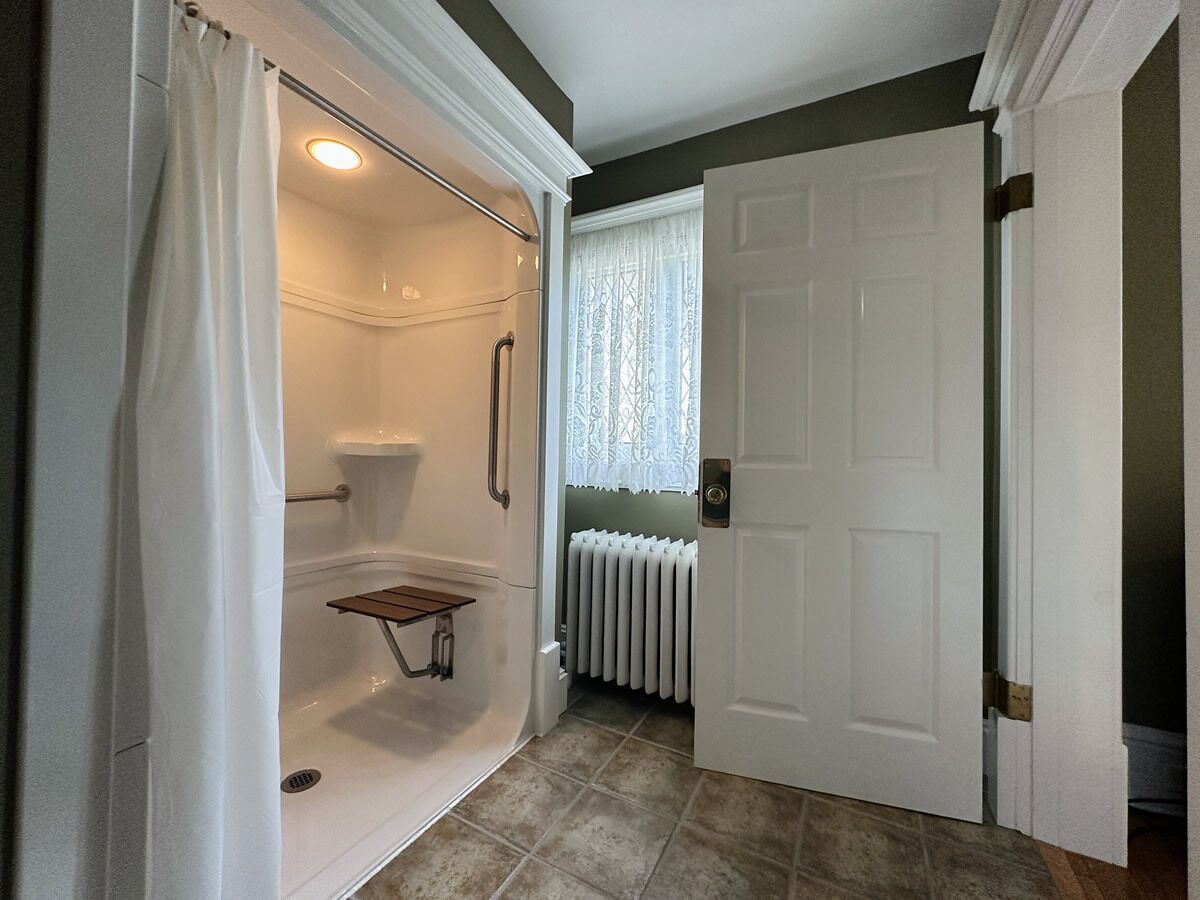 A bathroom with a shower, toilet, and a radiator.