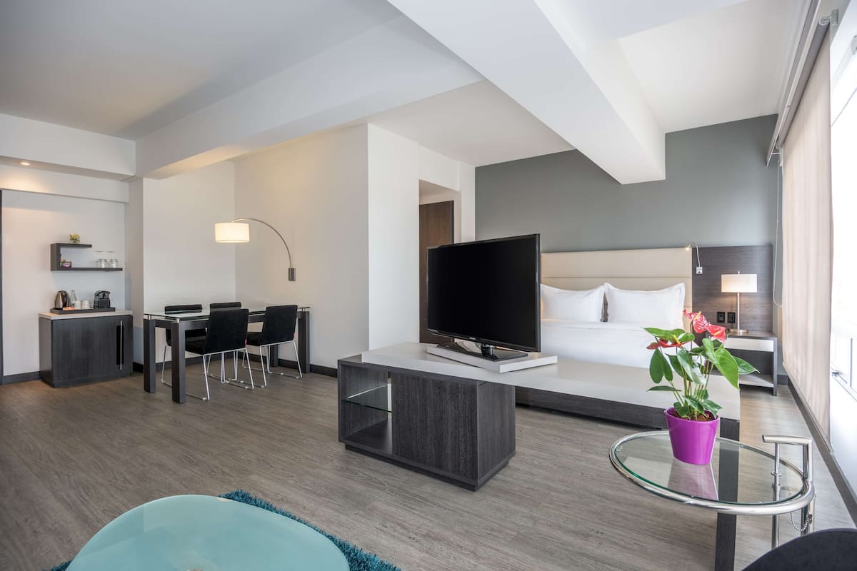 Una habitación de hotel moderna con televisión de pantalla plana, cama, zona de comedor y pequeña cocina.