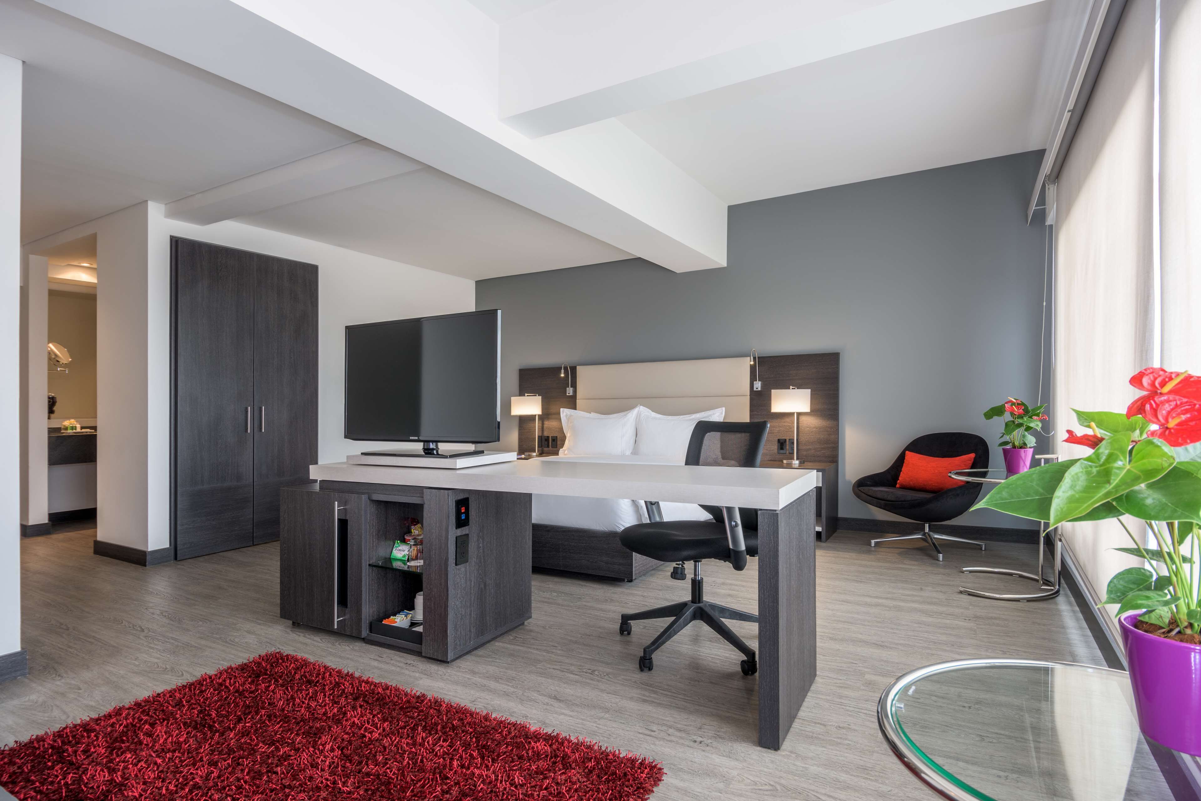 Una habitación de hotel moderna con cama, escritorio, televisor y una alfombra roja.