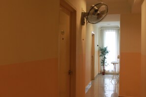 Un corridoio con una ventola a soffitto, una pianta in vaso e una sedia bianca.