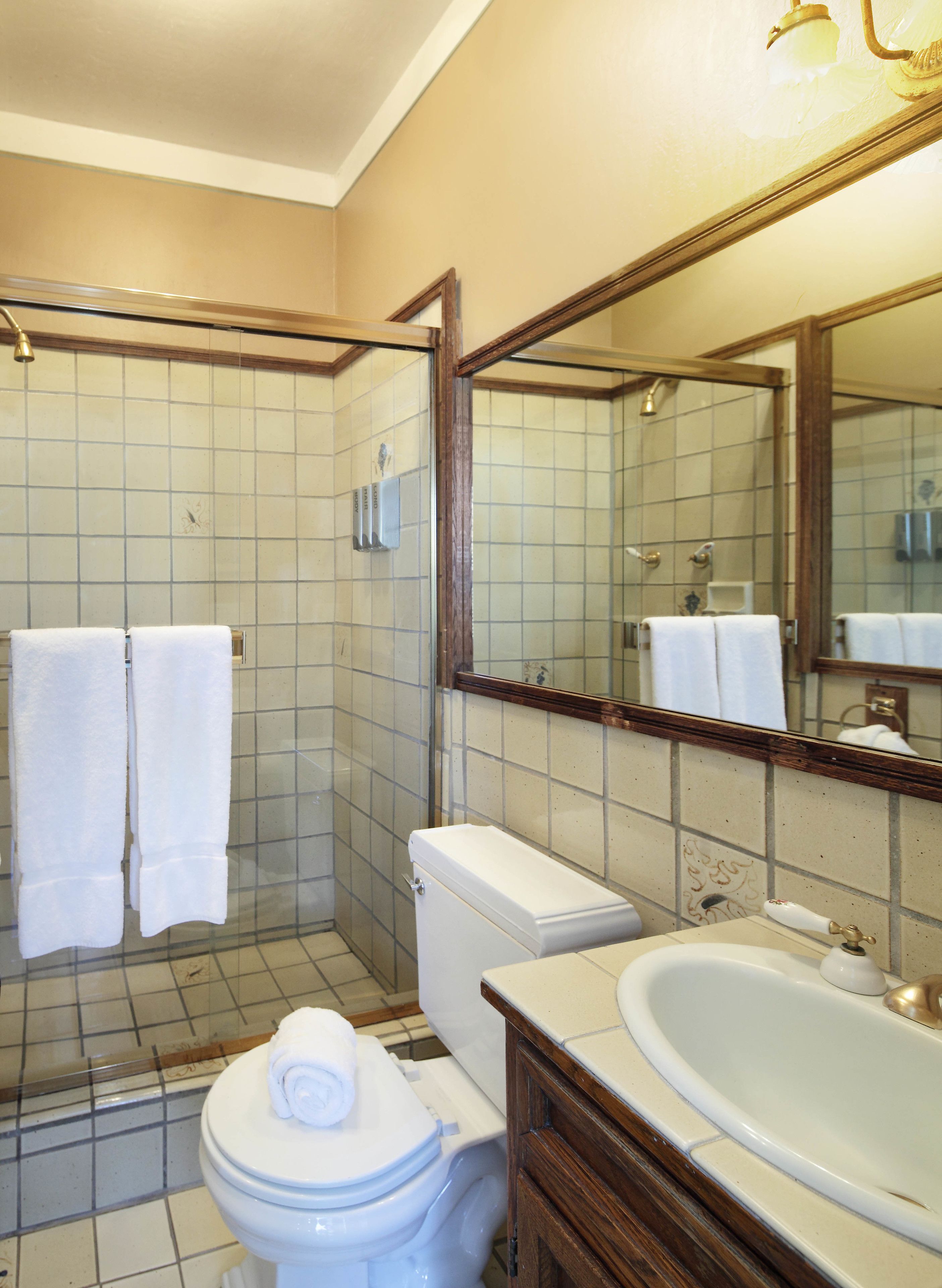 Une salle de bain avec des toilettes, une douche et un lavabo.