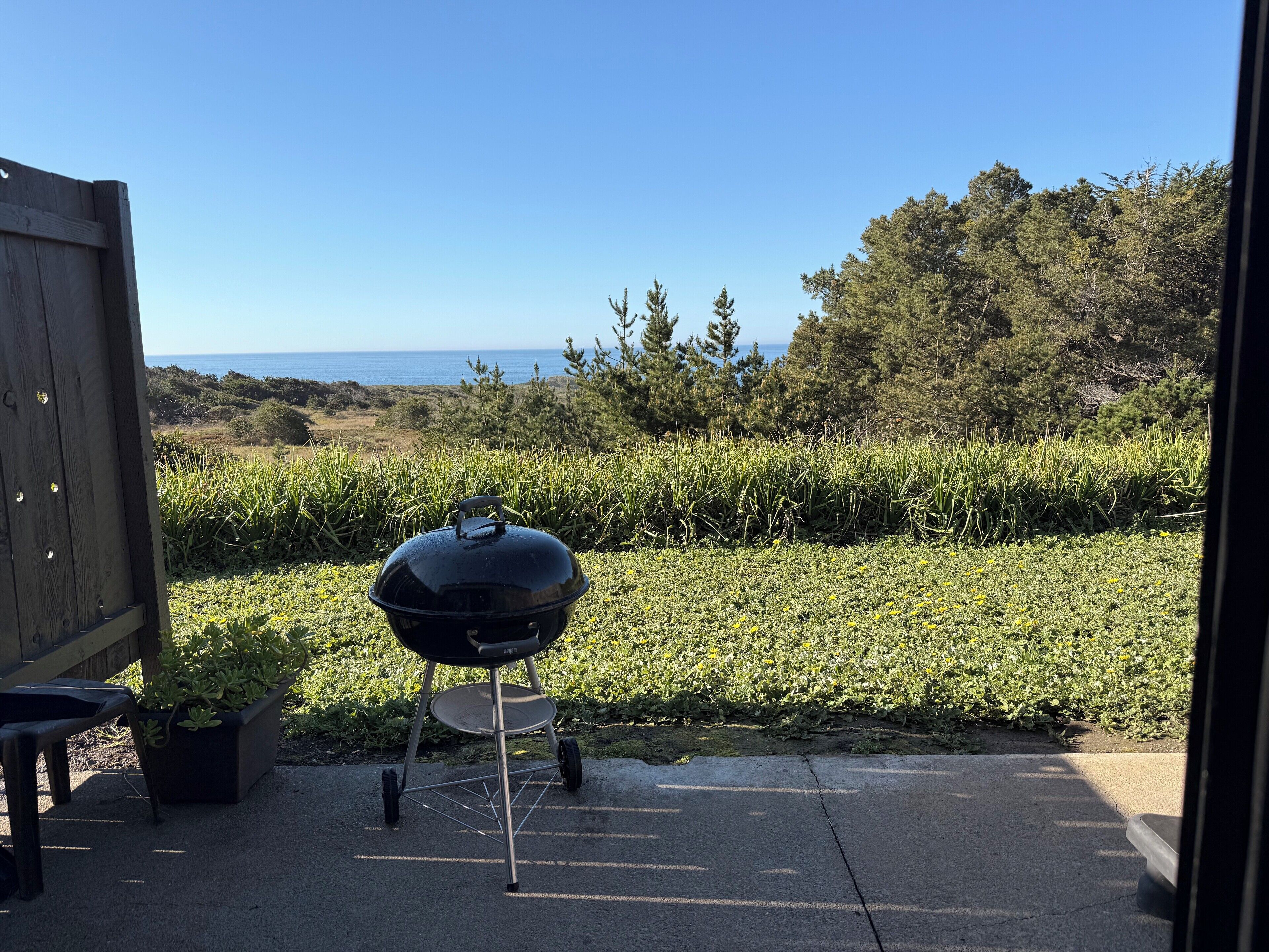 A barbecue grill in a backyard with a view of the ocean.