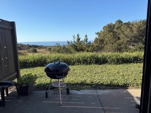 A barbecue grill in a backyard with a view of the ocean.