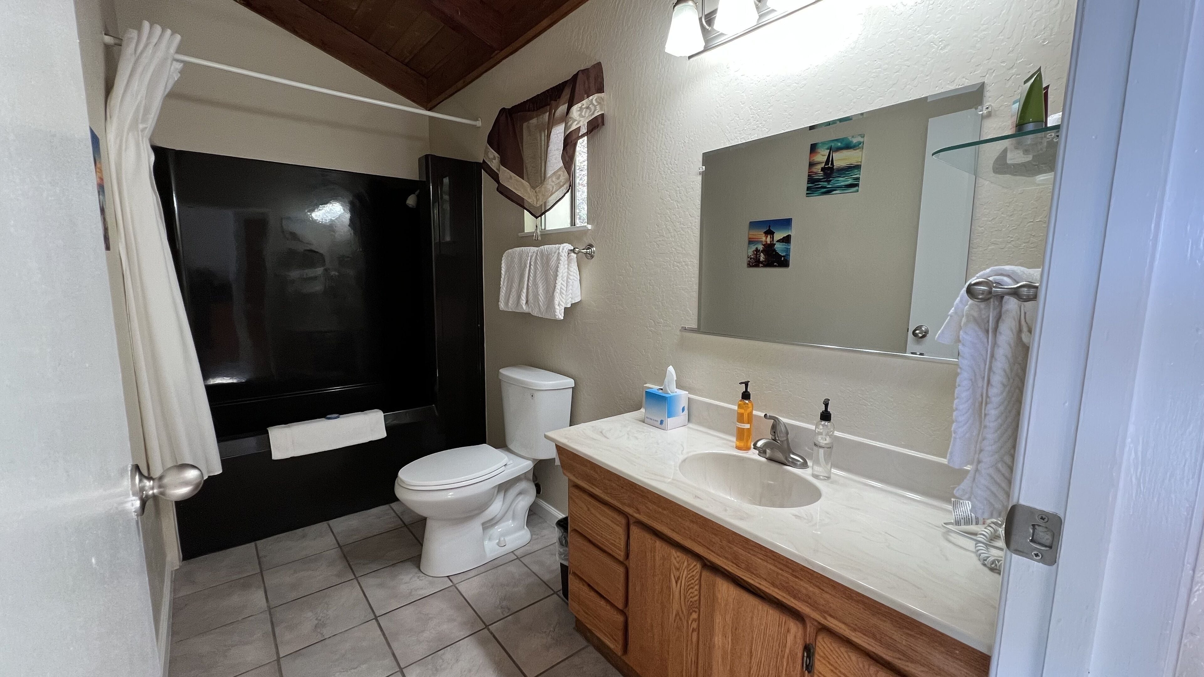 standard room, 1 king bed, fireplace | bathroom | combined shower/bathtub, free toiletries, hair dryer, towels