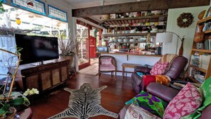 Un salon chaleureux avec un téléviseur à écran plat, un tapis à motifs zébrés et une bibliothèque.