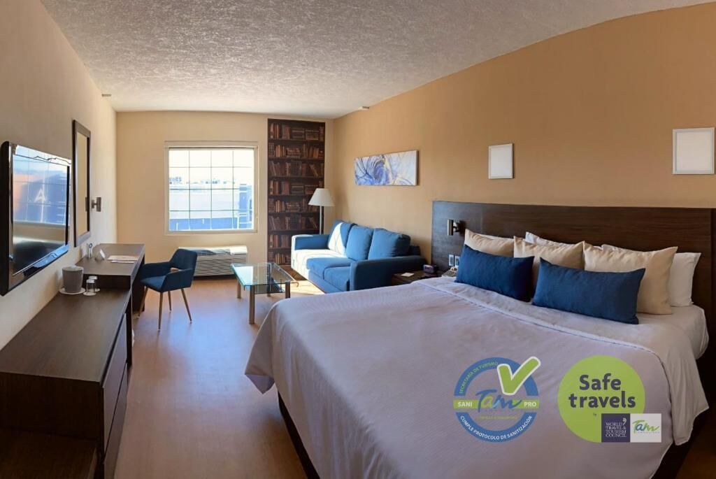 Una habitación de hotel con cama, escritorio, silla, sofá, estantería y televisor.