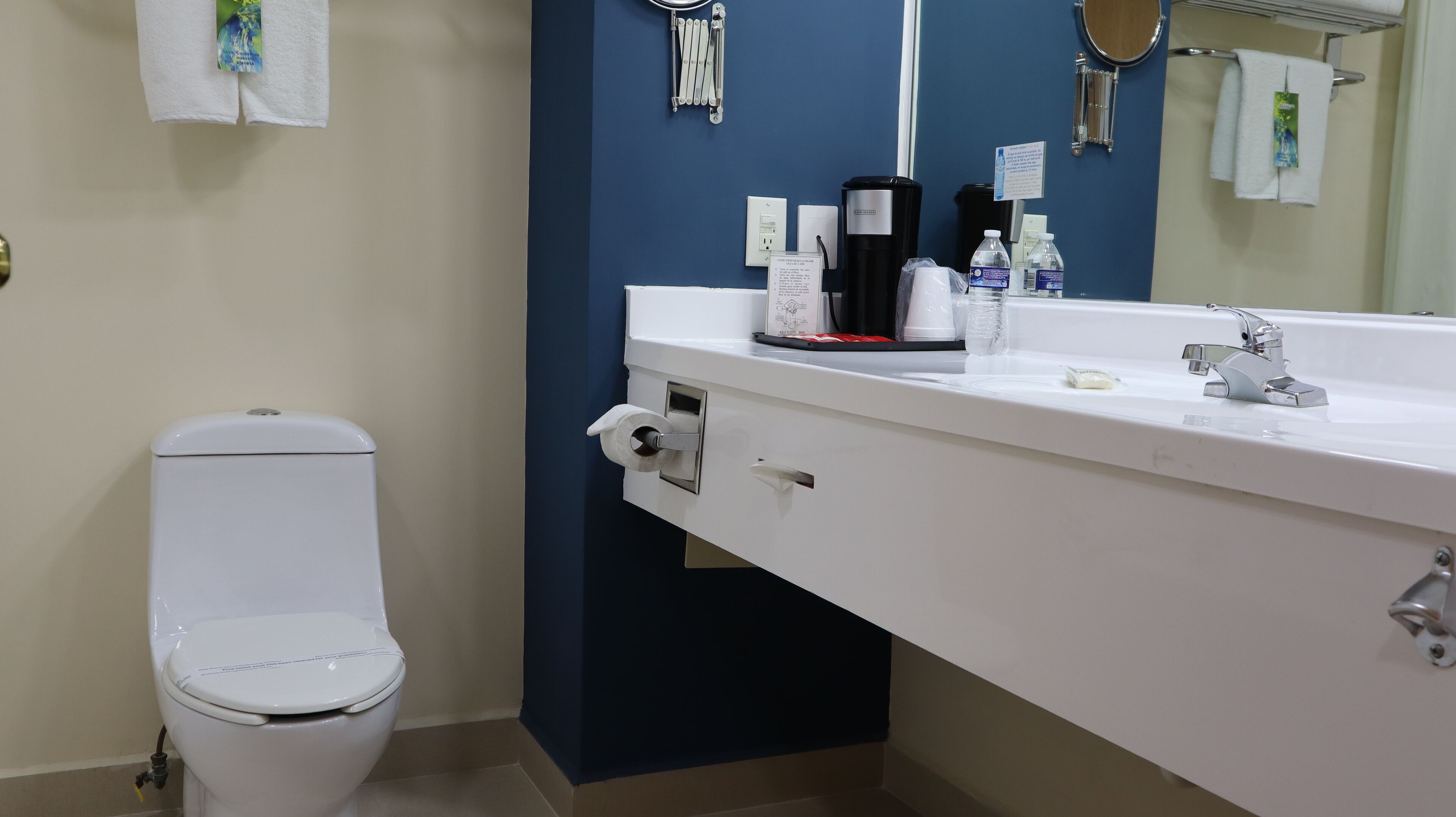 deep-soaking bathtub, free toiletries, hair dryer, towels