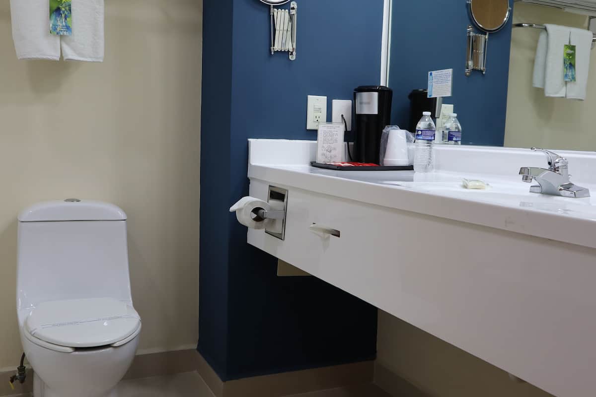 deep-soaking bathtub, free toiletries, hair dryer, towels