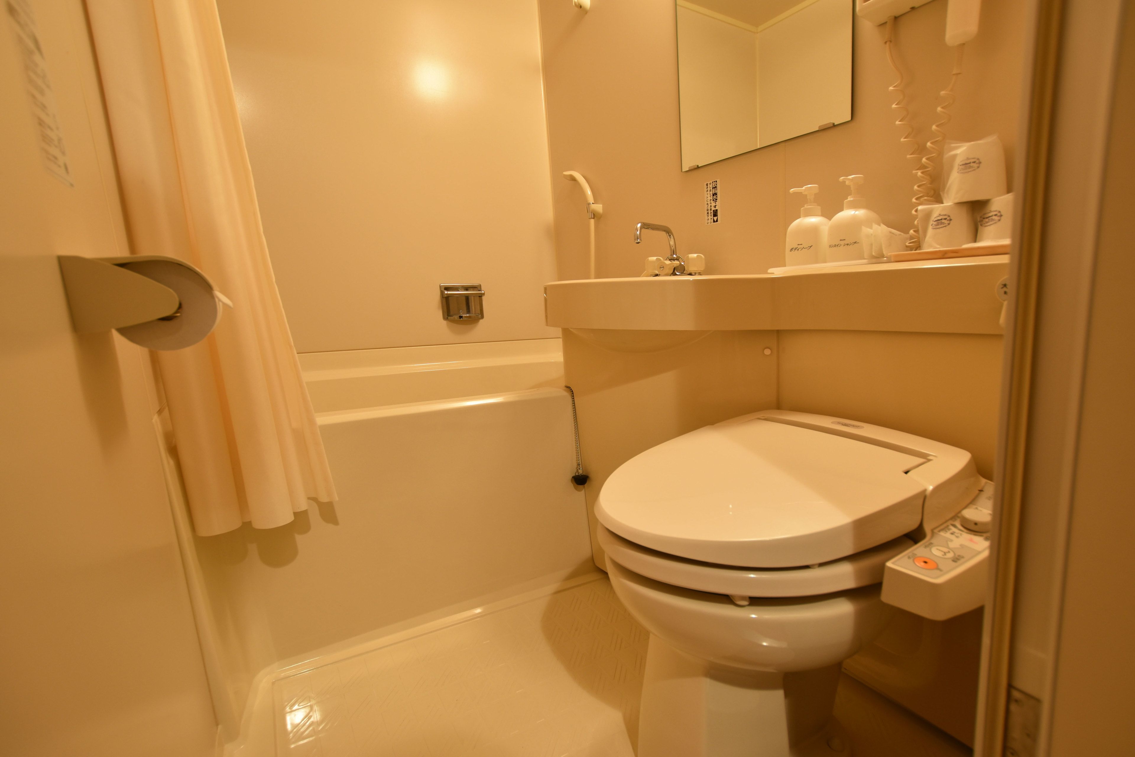 combined shower/bathtub, deep-soaking bathtub, free toiletries