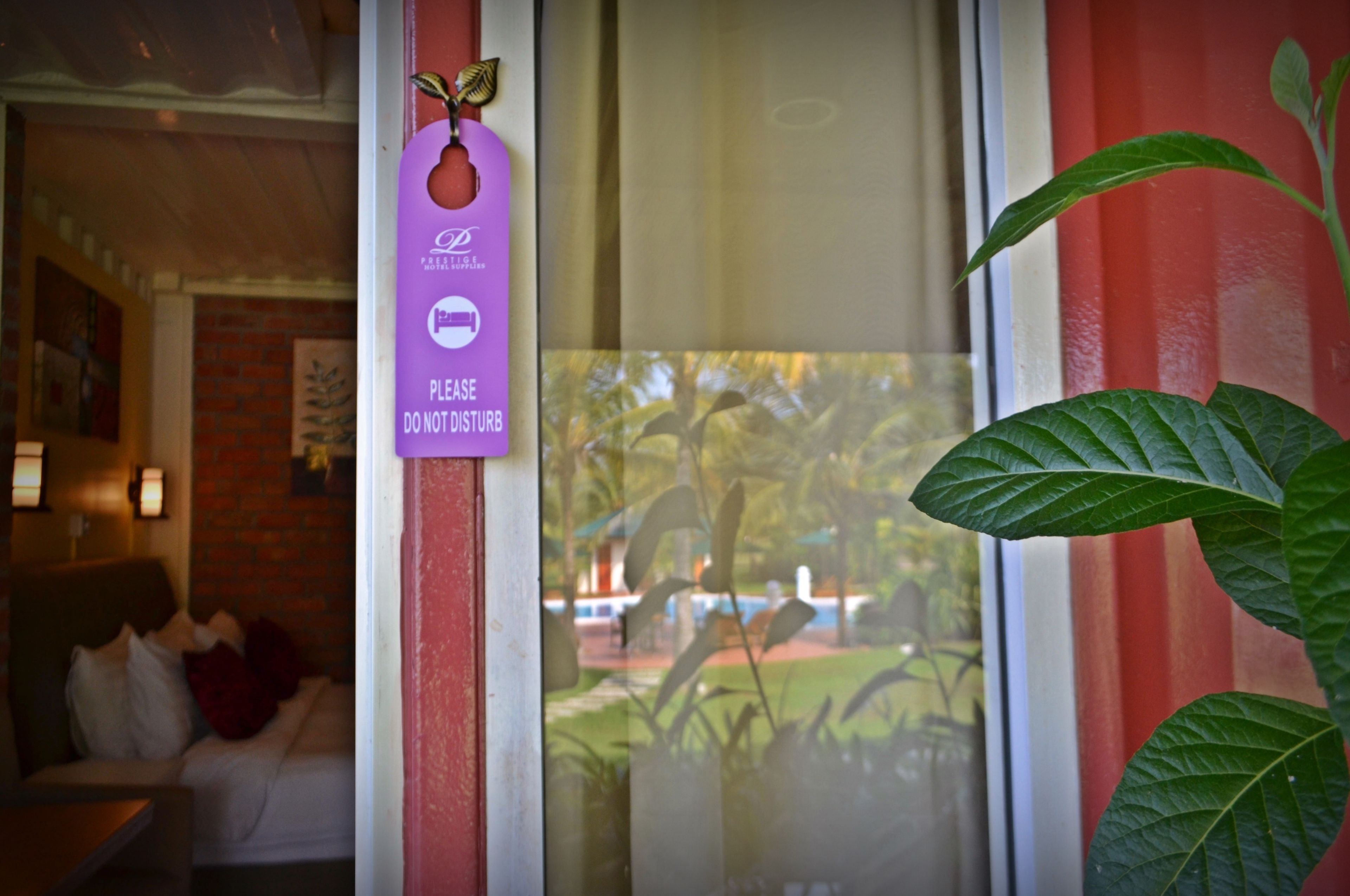 A hotel room with a view of a garden through a window.