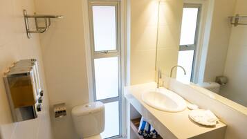 A bathroom with a toilet, sink, and mirror.