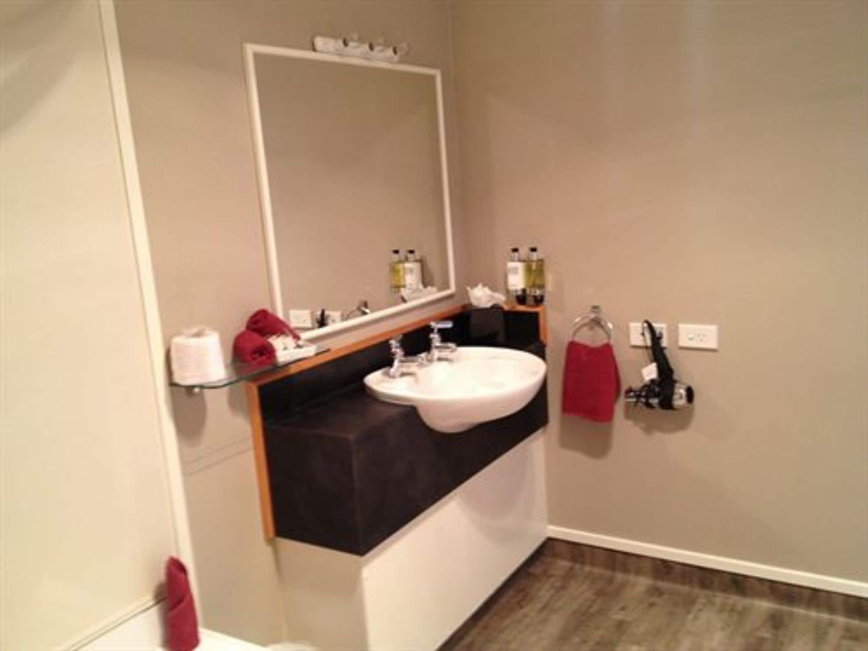 A modern bathroom with a white sink, dark countertop, and a large mirror.