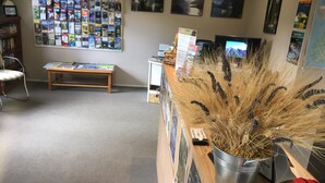 Zona de recepción con un tablón de anuncios mostrando folletos de viajes, un banco de madera, un escritorio con monitor de computadora y una planta decorativa.