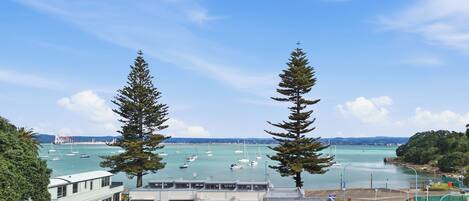 Une vue sur la côte, avec des bâtiments modernes, un port de plaisance rempli de bateaux et deux arbres imposants.
