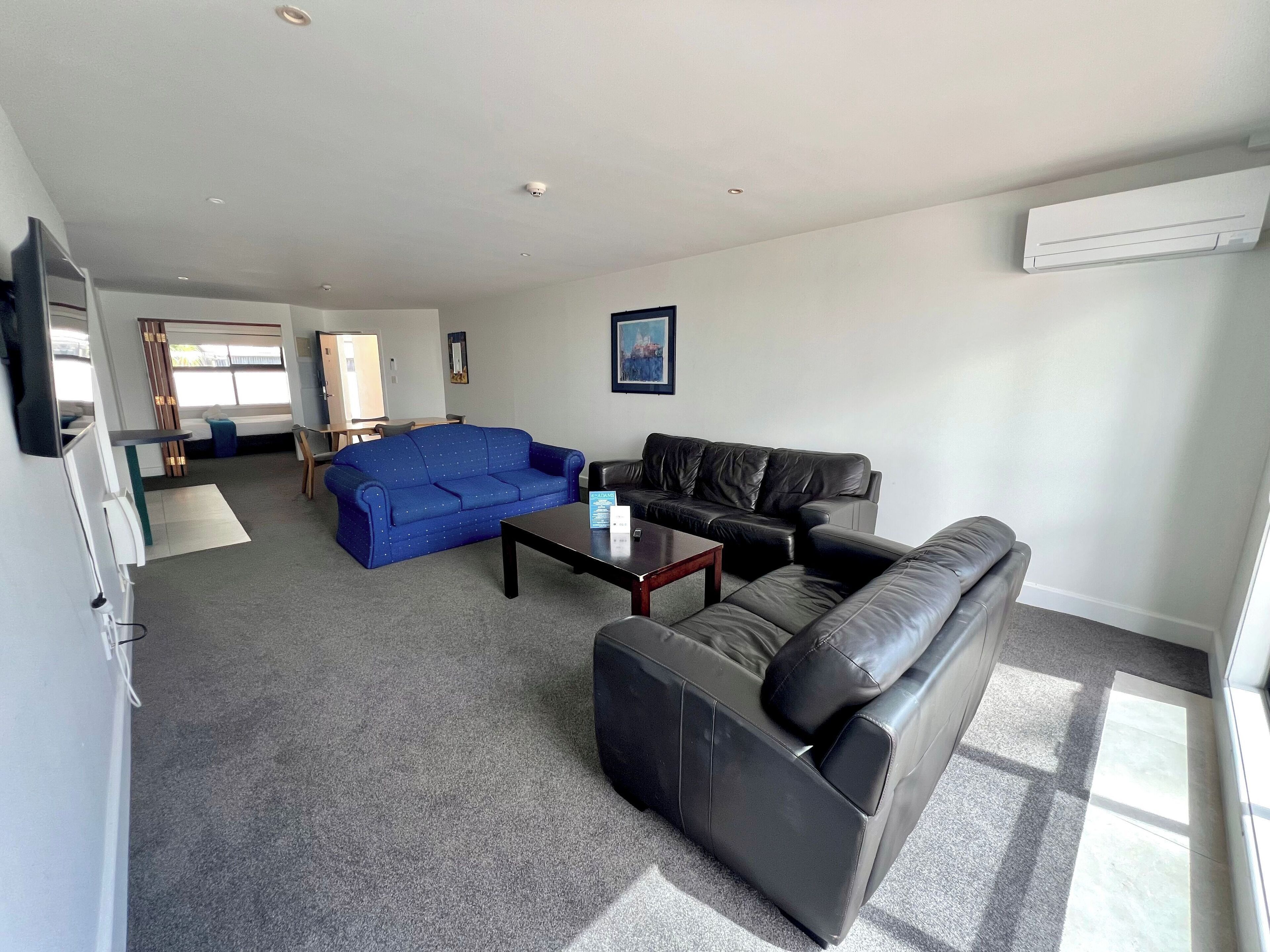 A living room with a blue sofa, a black leather sofa, a coffee table, and a TV.