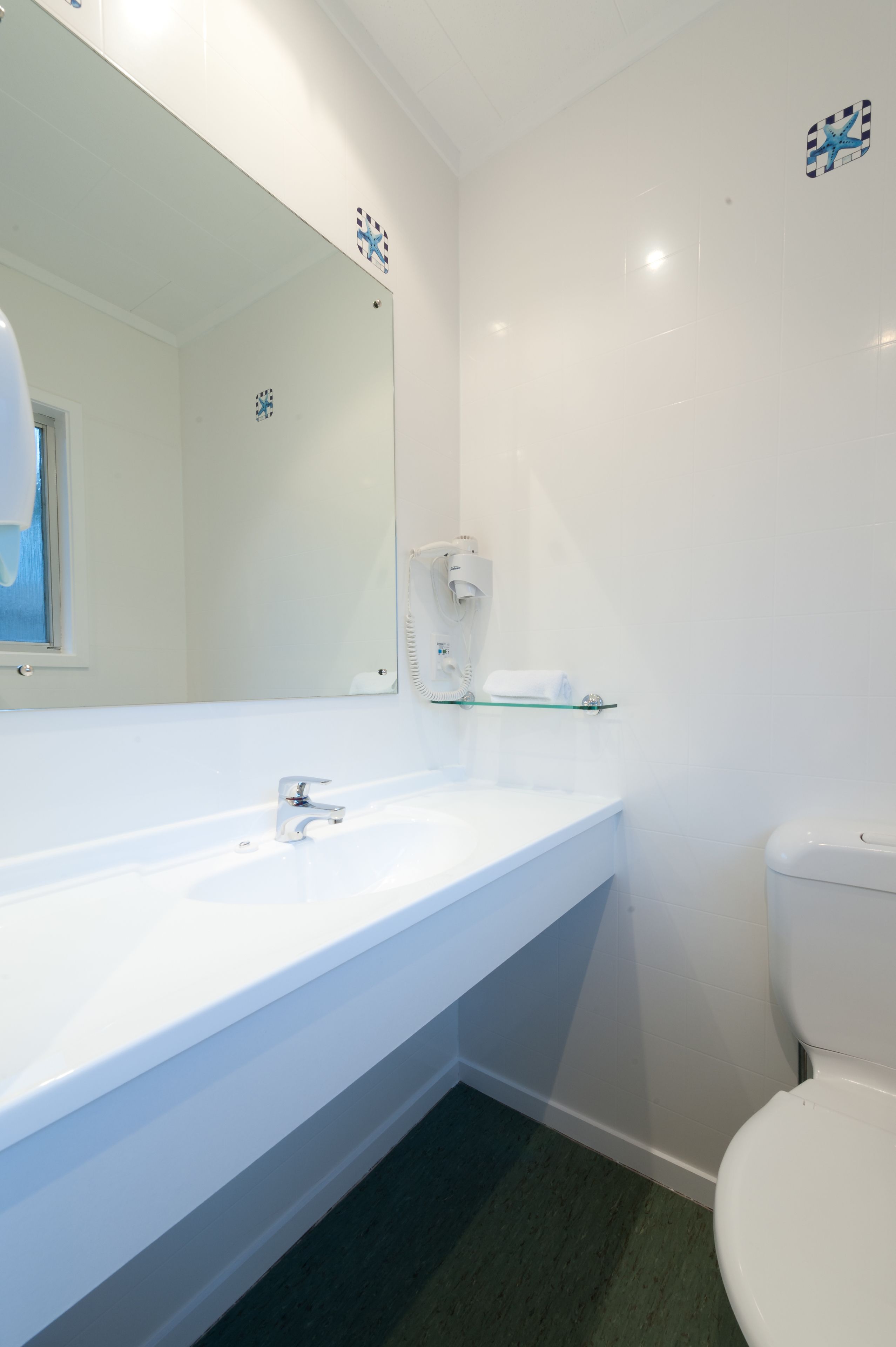 Een badkamer met een witte wastafel, een glazen plank, een spiegel en een toilet.