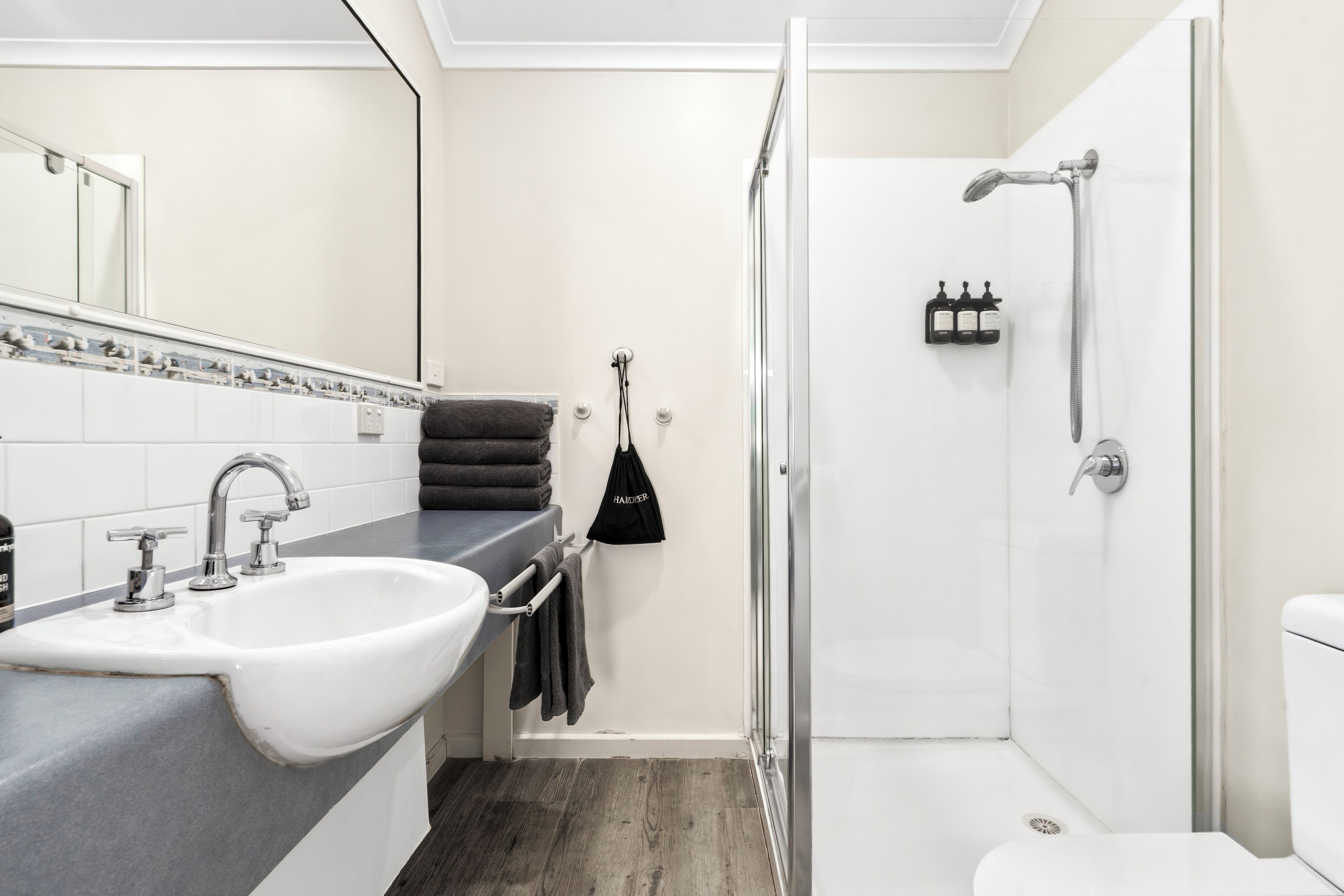 Une salle de bain moderne avec un lavabo blanc, un miroir, une douche équipée d’un pommeau de douche à main et des toilettes.