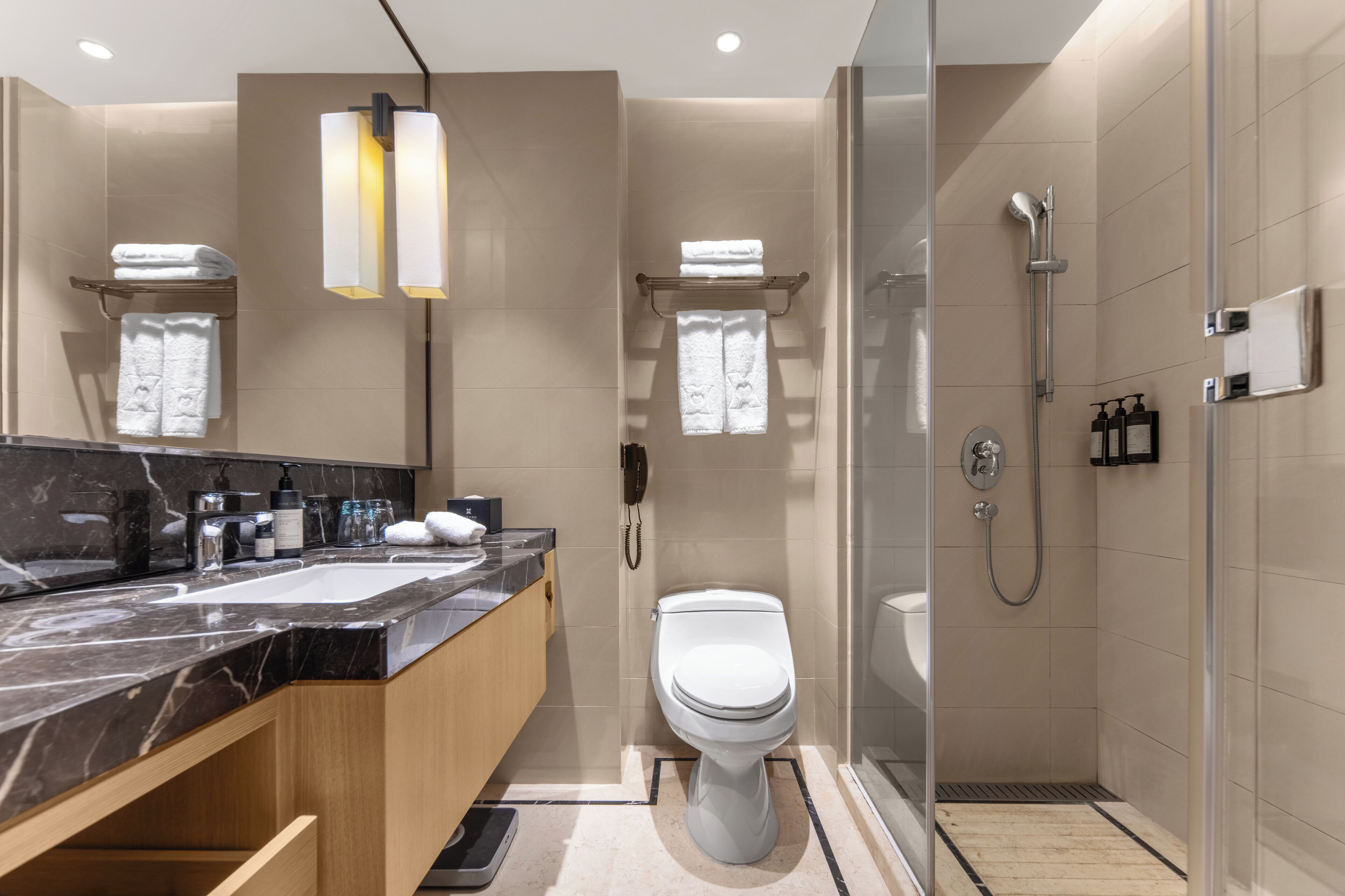 A modern bathroom with a marble sink, a toilet, and a glass-enclosed shower area.