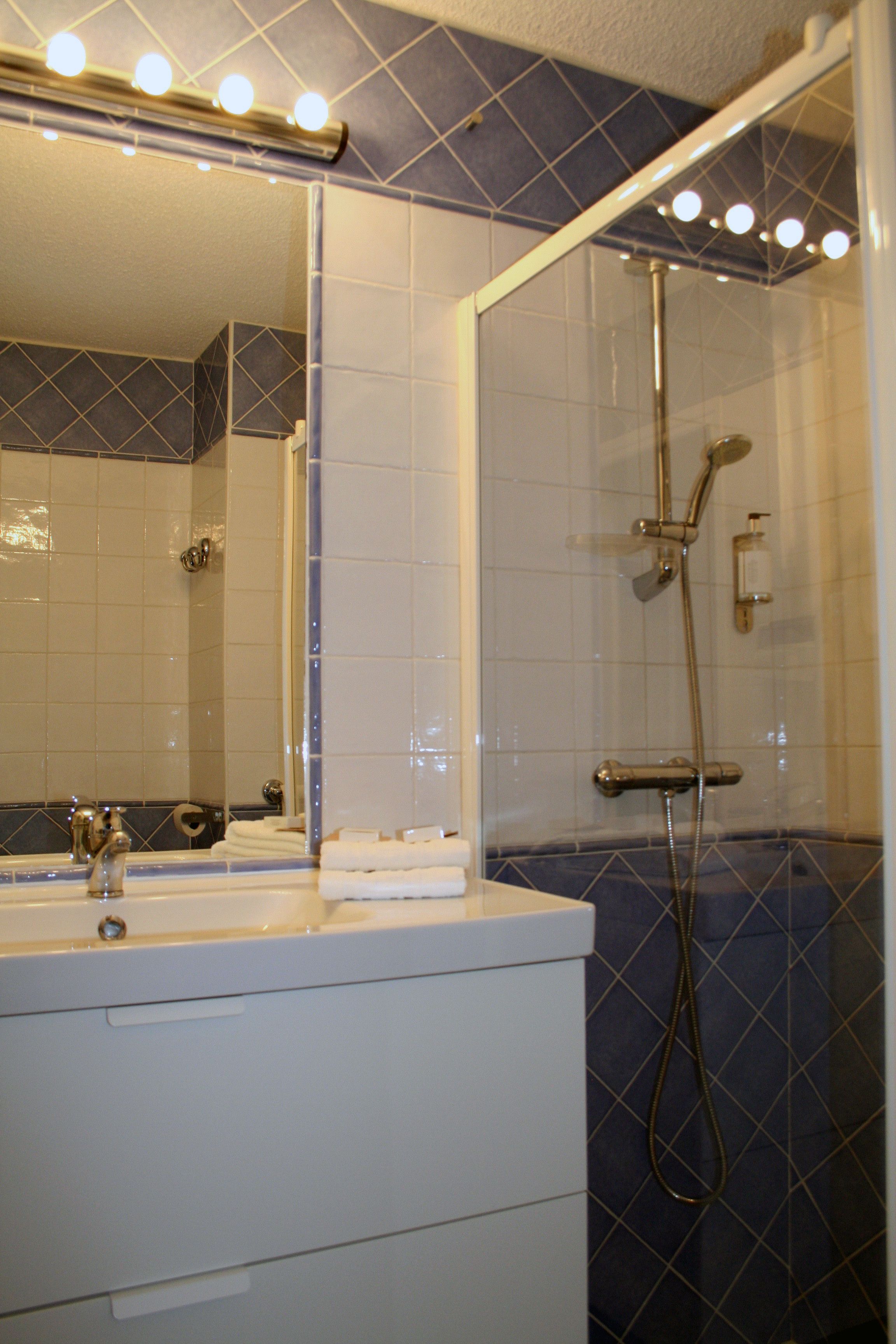 Une salle de bain avec une douche, un lavabo et un miroir.