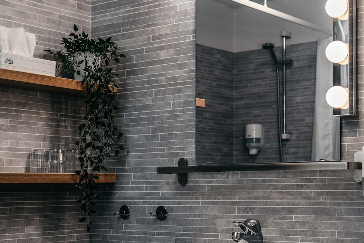 family room | bathroom | shower, hair dryer, towels