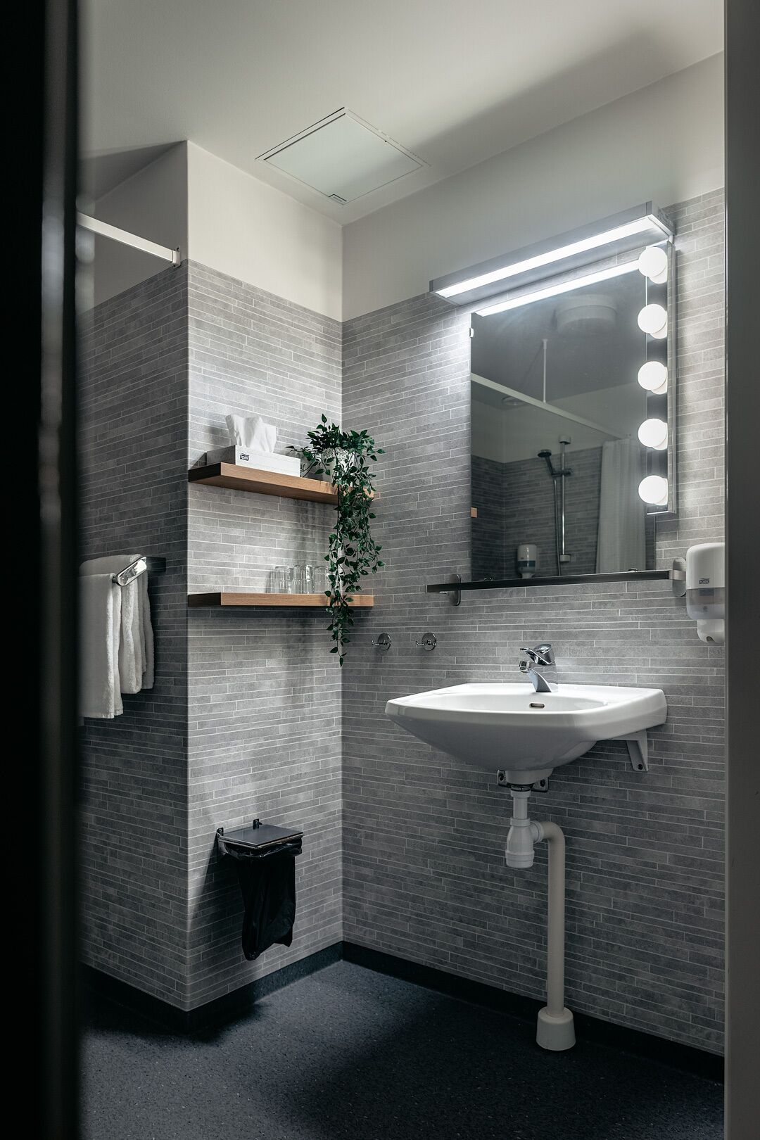 family room | bathroom | shower, hair dryer, towels