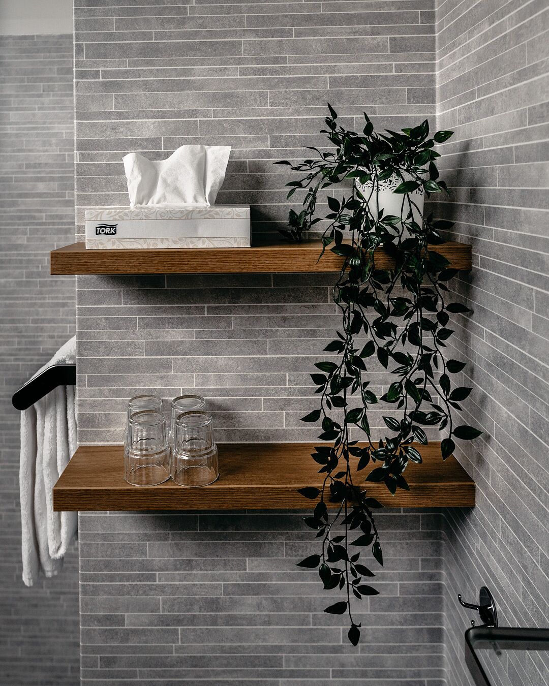 family room | bathroom | shower, hair dryer, towels