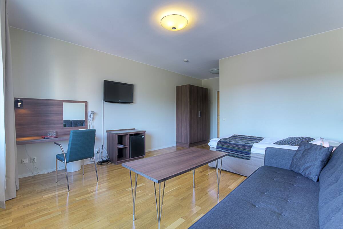 Una sala moderna con piso de madera, un sofá, una mesita, un televisor y un armario.