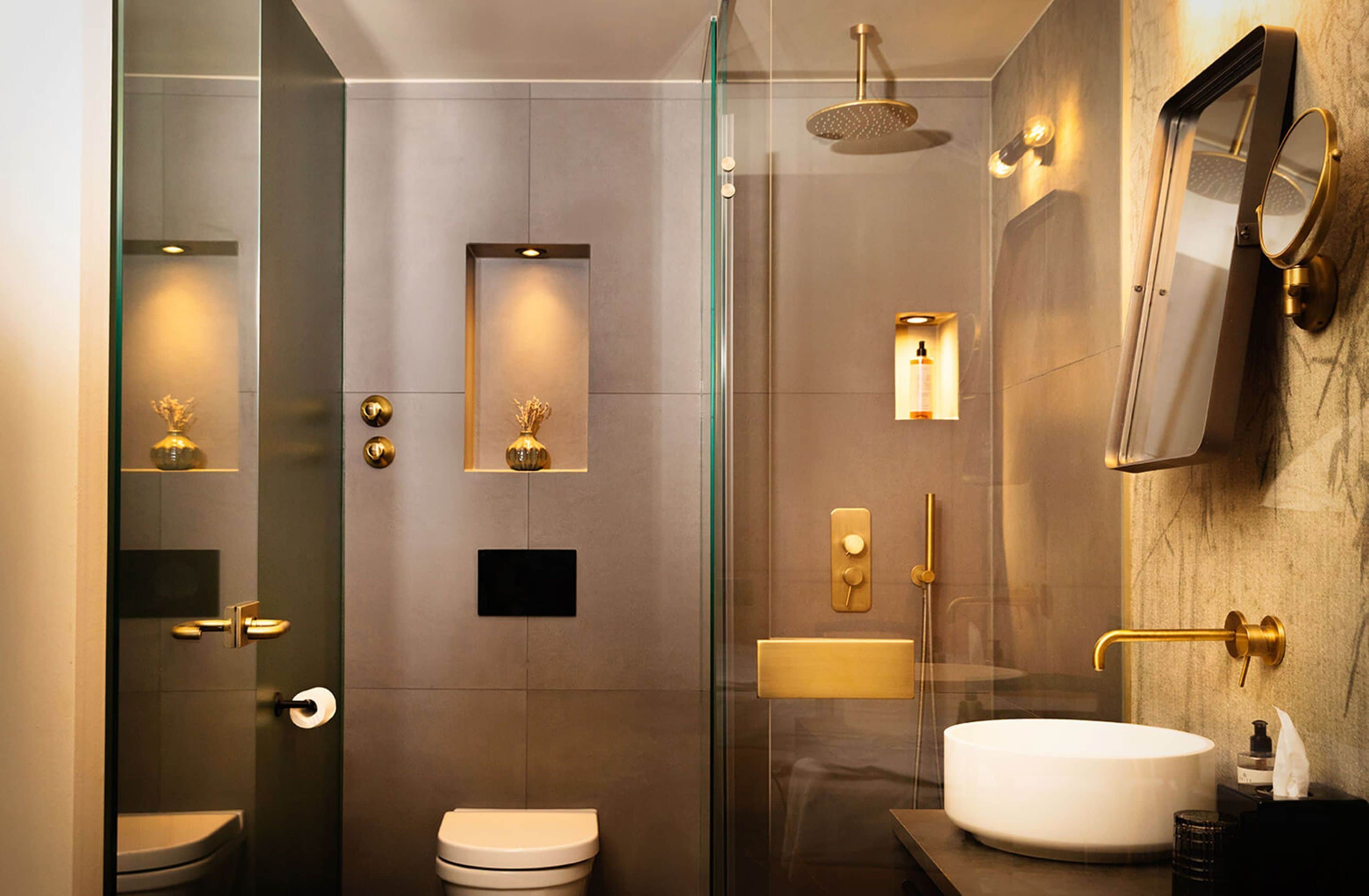 shower, rainfall showerhead, hair dryer, heated floors