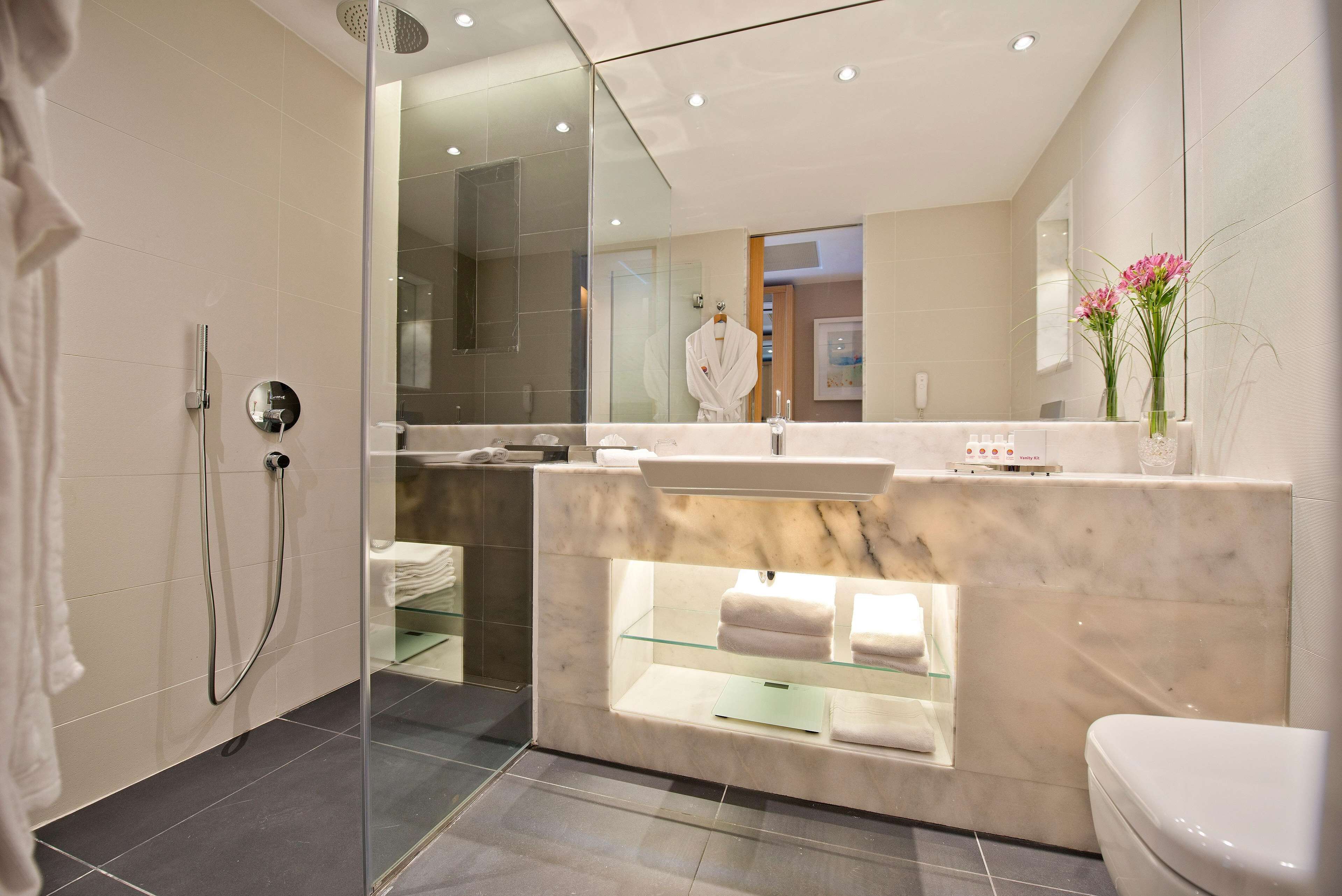 shower, eco-friendly toiletries, hair dryer, bathrobes