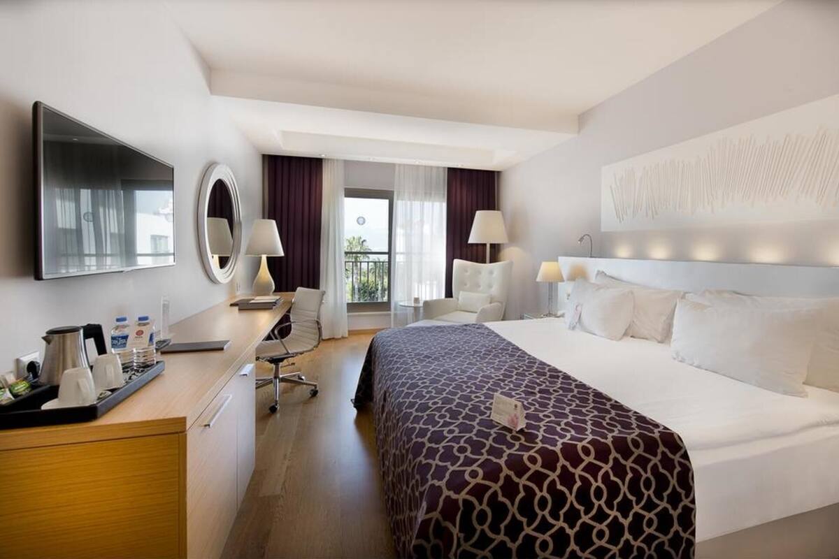 A hotel room with a bed, a desk, a chair, a TV, and a balcony view.