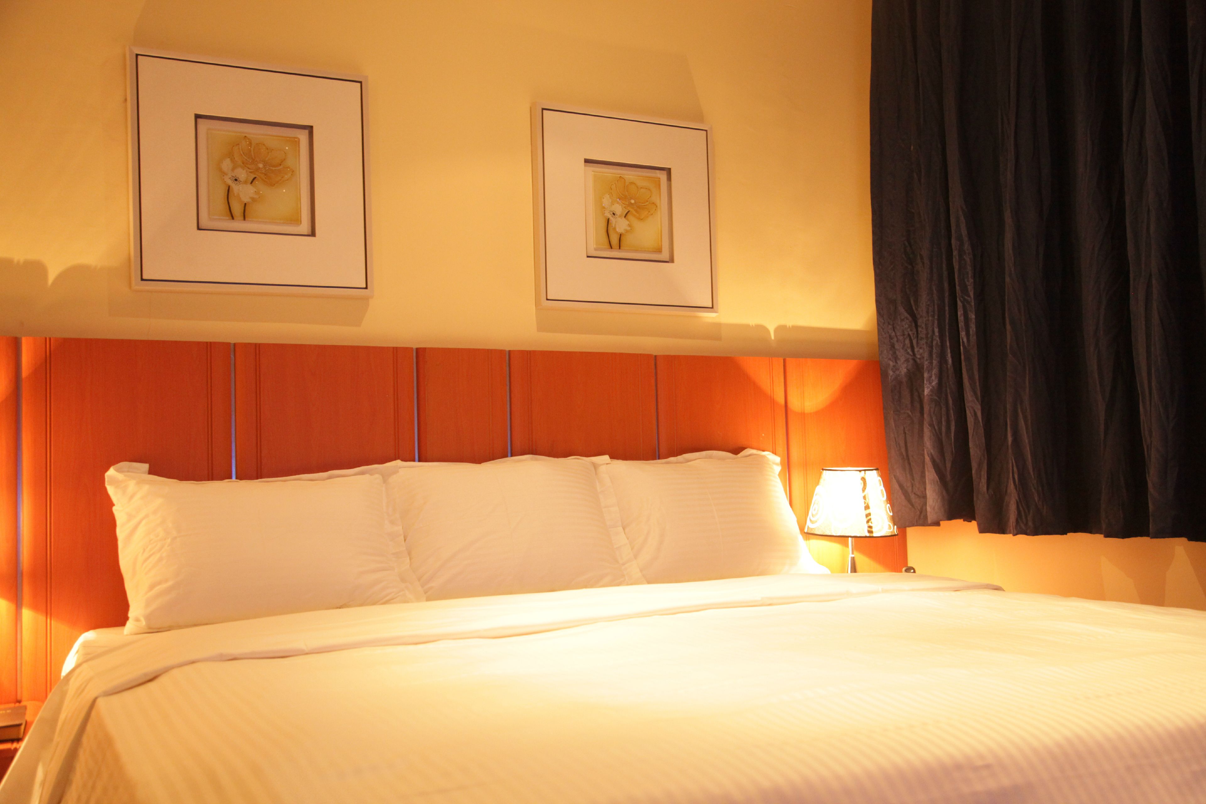 Una habitación de hotel con una cama, dos cuadros en la pared, una lámpara y una cortina oscura.