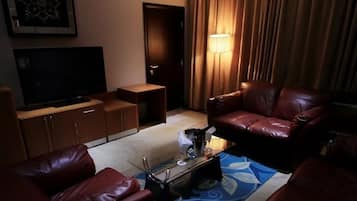 Een 42-inch televisie met satellietzenders en een open haard