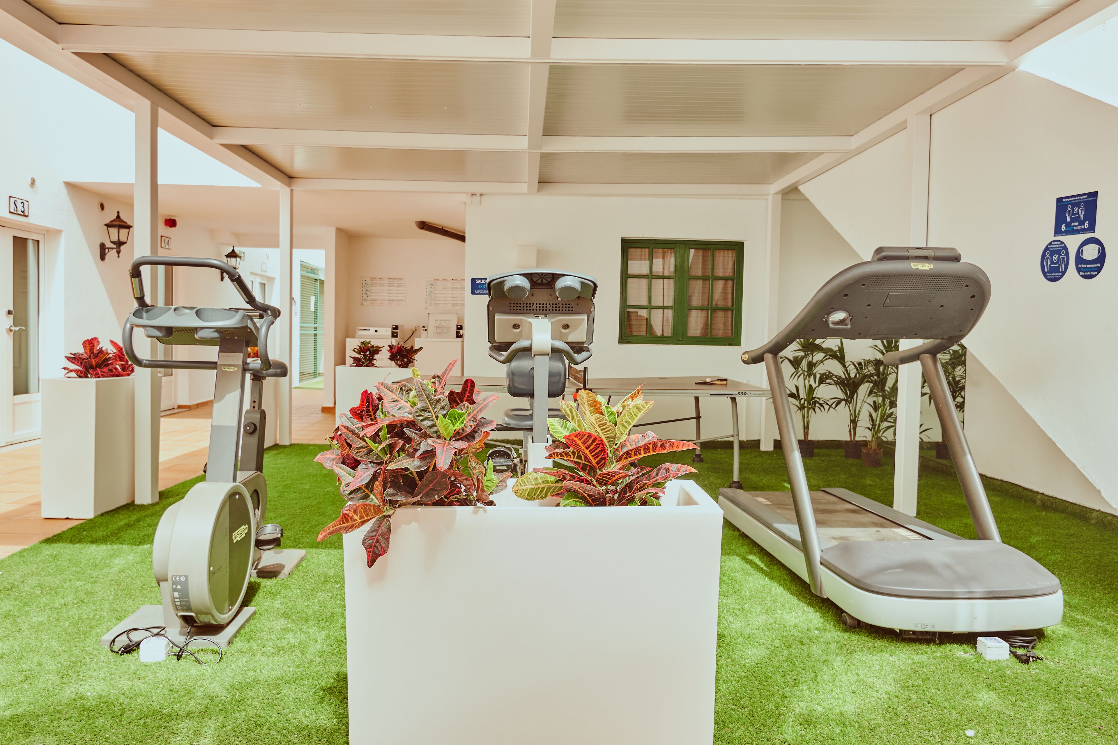 Un gimnasio con equipo de ejercicios, un mostrador de recepción blanco y suelo de césped artificial verde.