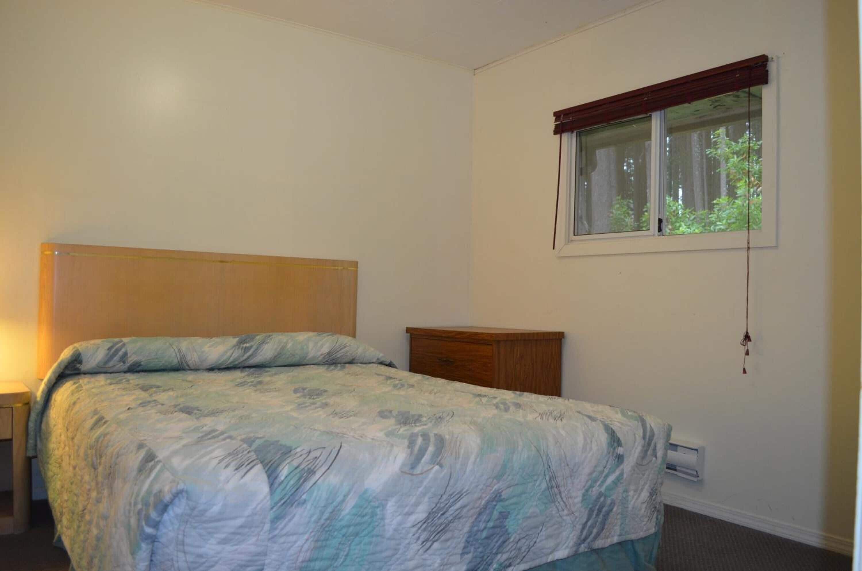 A bedroom with a bed, a nightstand, a wooden dresser, a window with a view of trees, and a wall-mounted heater.