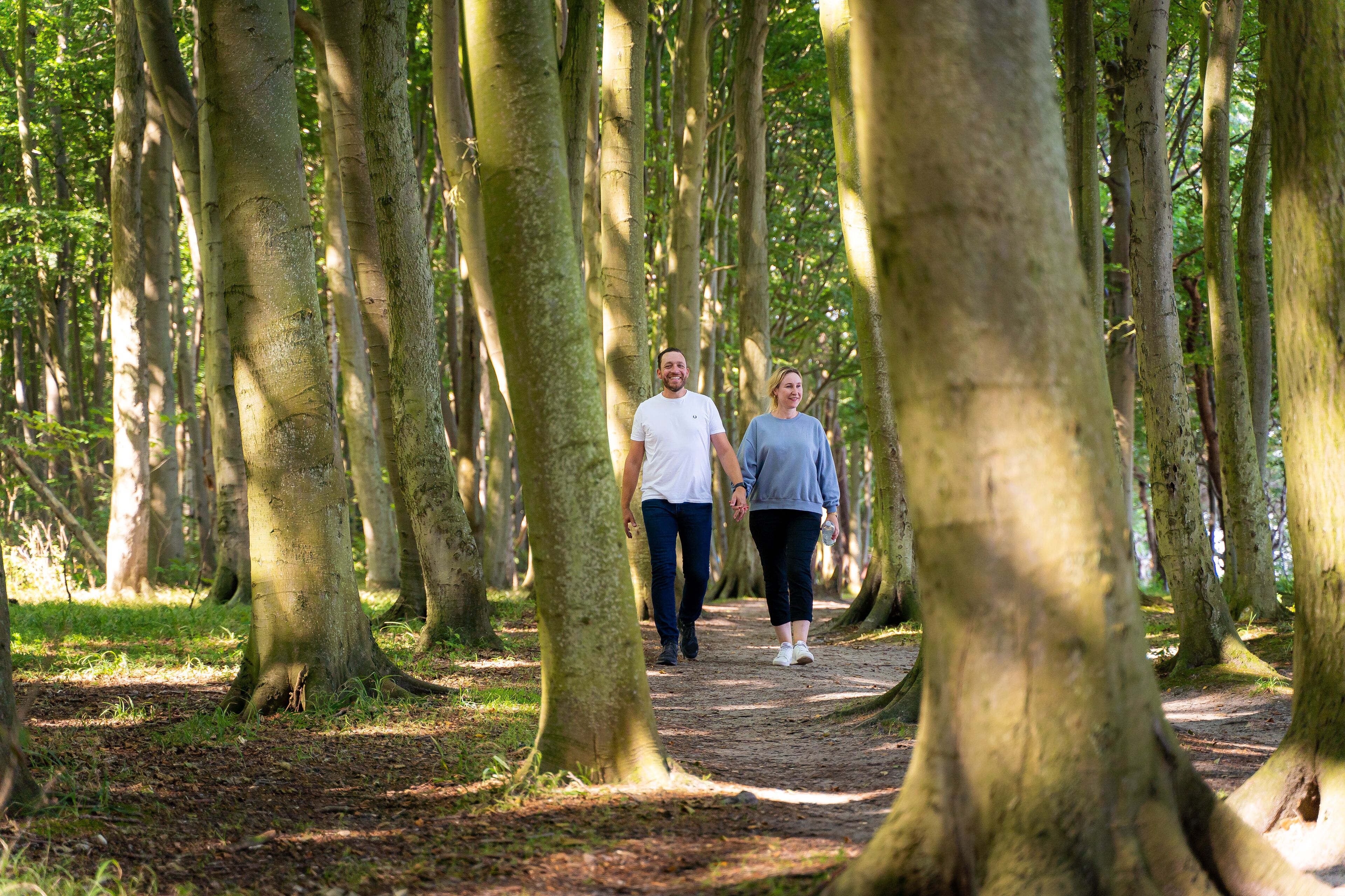 Een bosweg met hoge bomen en een stel dat wandelt.