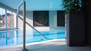 A swimming pool with a glass barrier, surrounded by walls with decorative patterns, and a potted plant to the right.