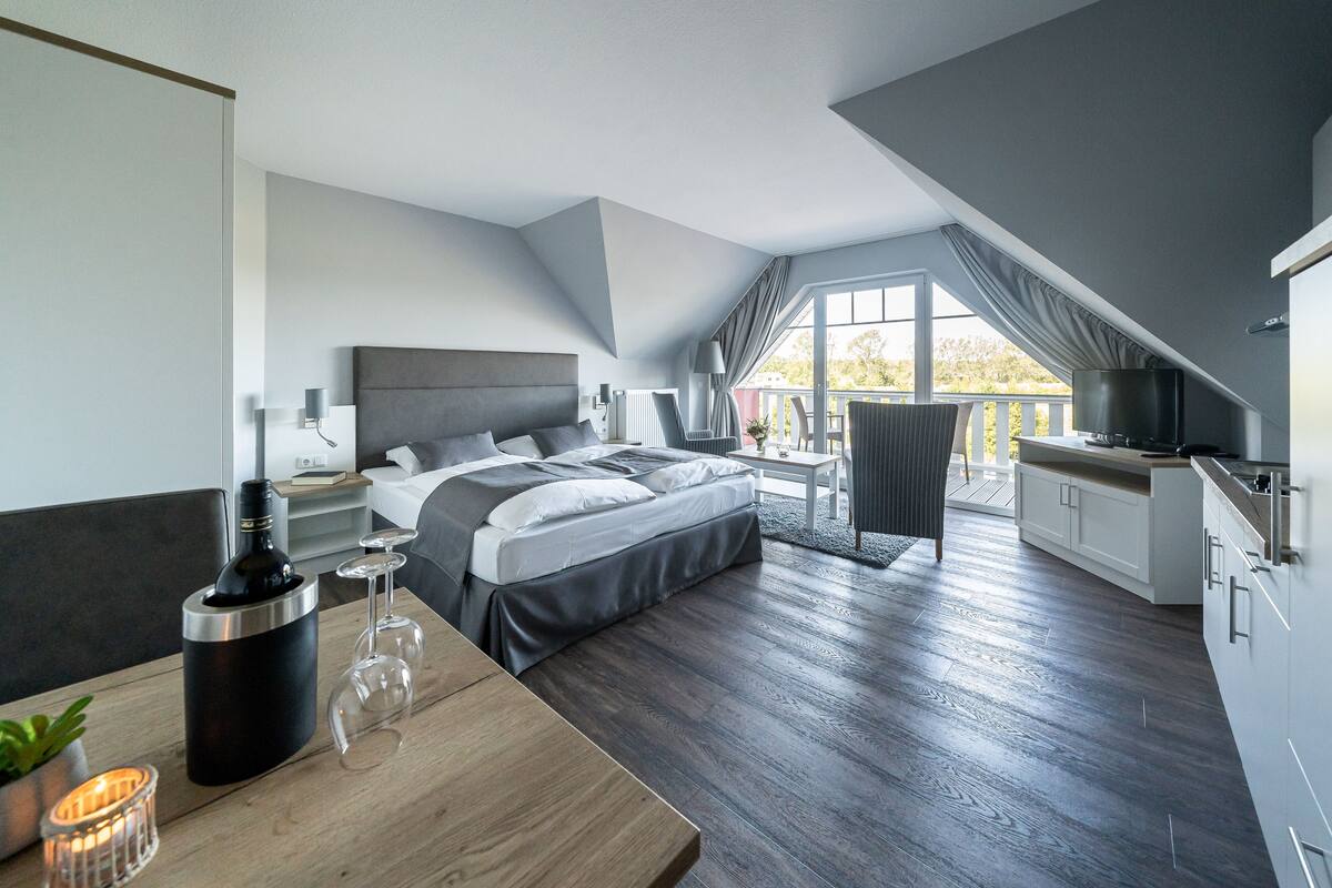 A modern bedroom with a large bed, a TV, a balcony, and a kitchenette.