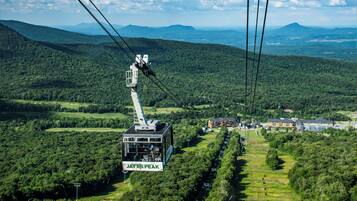 A cable car labeled "Jay Peak" suspended over a forested landscape with distant mountains.