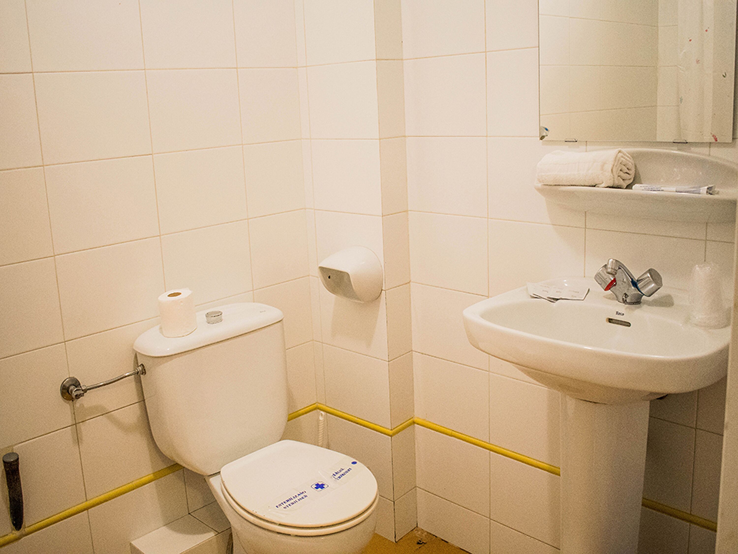 A bathroom with a toilet, a sink, and a mirror.