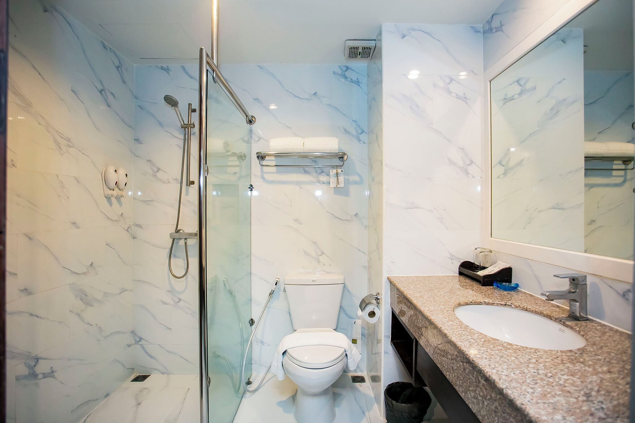 hair dryer, bidet, towels