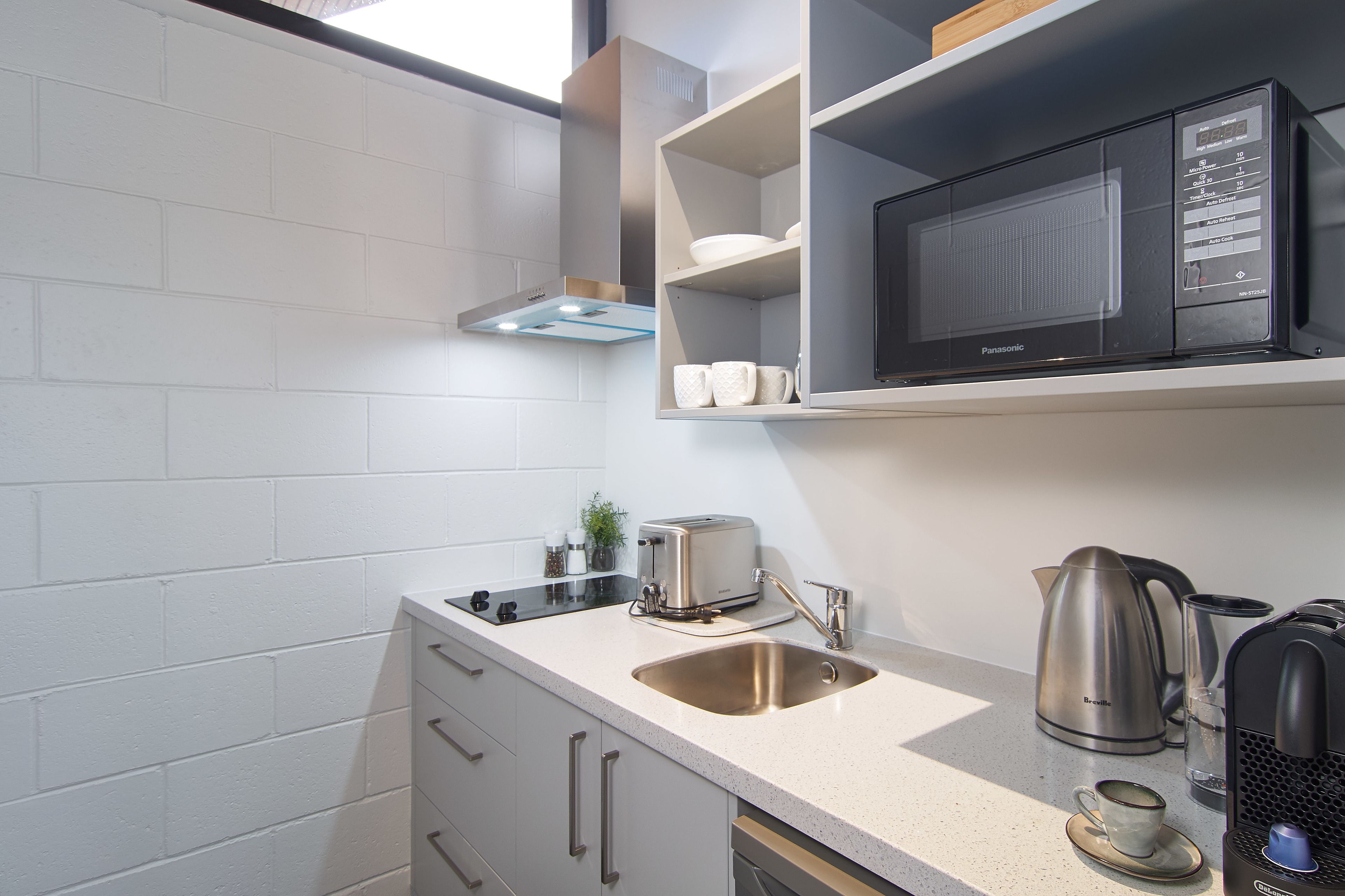 fridge, microwave, coffee/tea maker, electric kettle