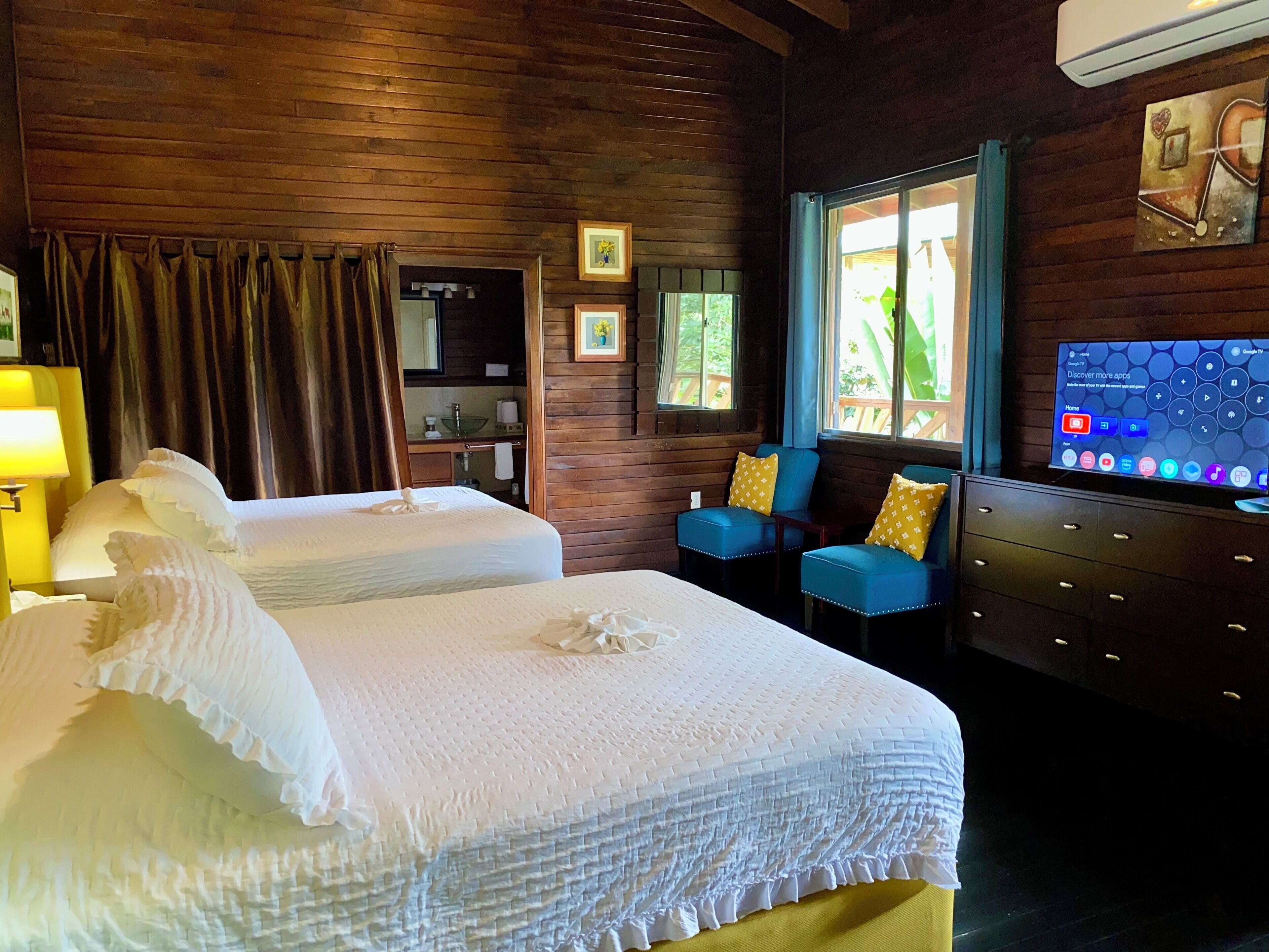 Premium bedding, blackout drapes, bed sheets