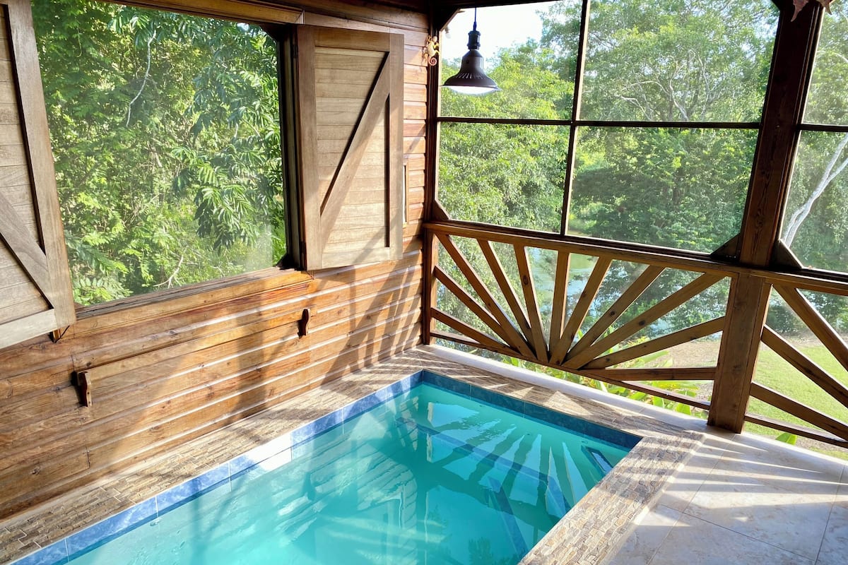 A wooden deck with a pool, large windows, and a view of trees.