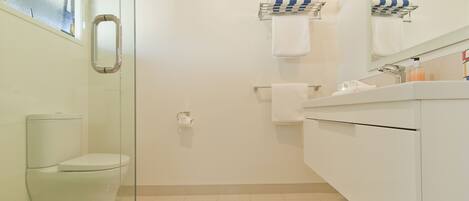 A modern bathroom with a glass shower enclosure, a toilet, a sink with a mirror, and two towel racks with striped towels.